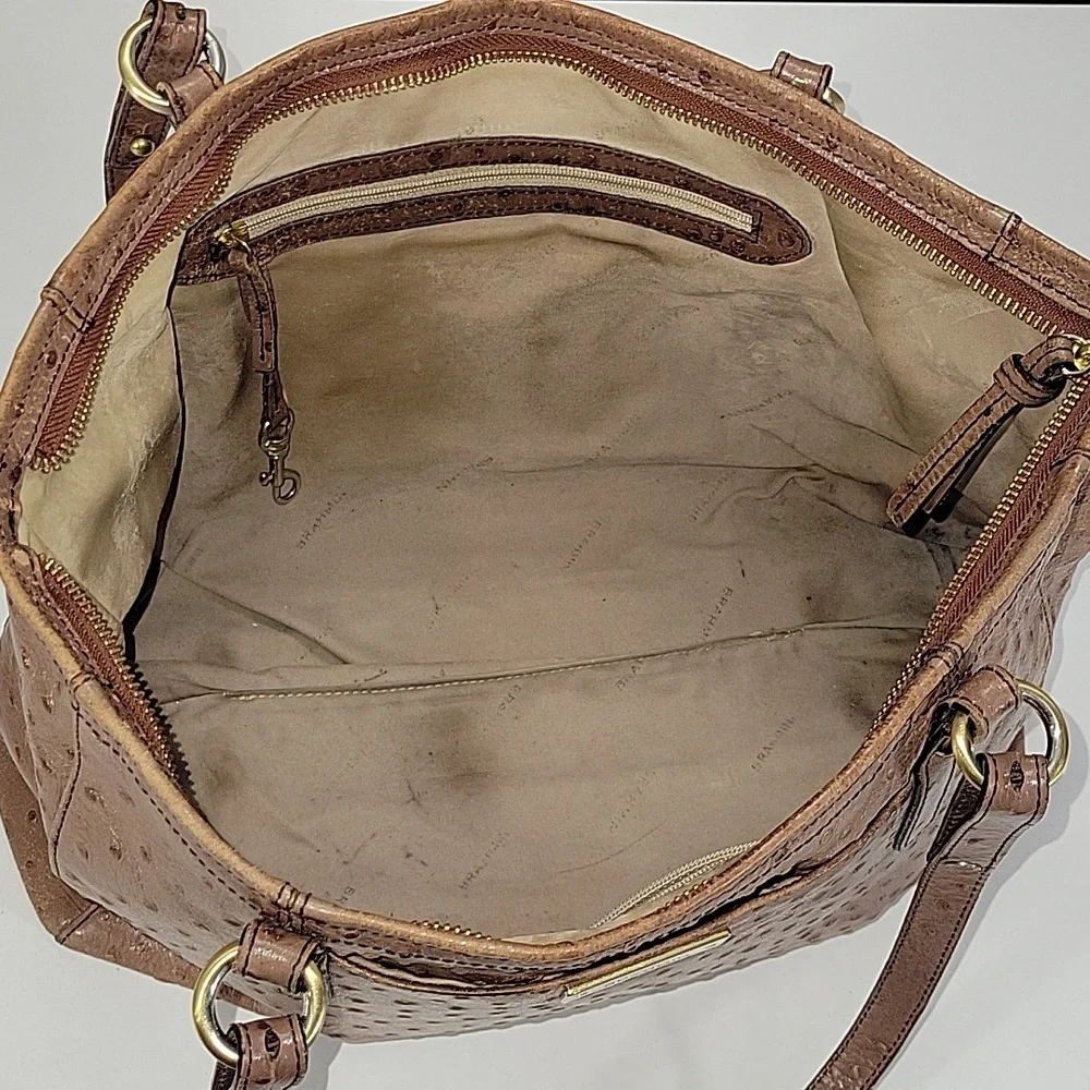 Brahmin Brown Ostrich Embossed Leather Tote Bag with Gold Accents